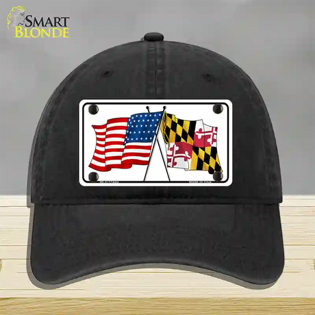 Maryland Crossed US Flag Novelty License Plate Hat Unconstructed Cotton / Black