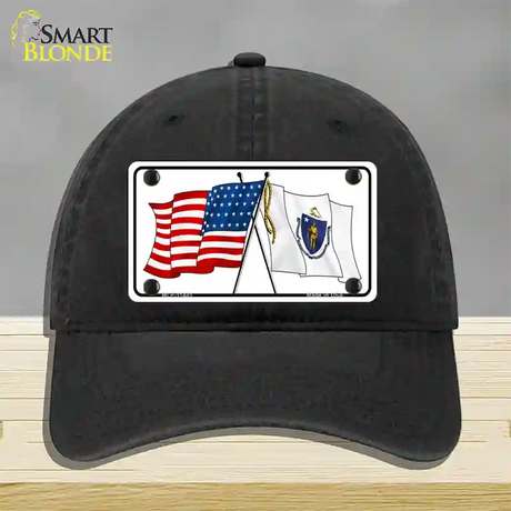 Massachusetts Crossed US Flag Novelty License Plate Hat Unconstructed Cotton / Black