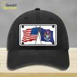 Michigan Crossed US Flag Novelty License Plate Hat Unconstructed Cotton / Black