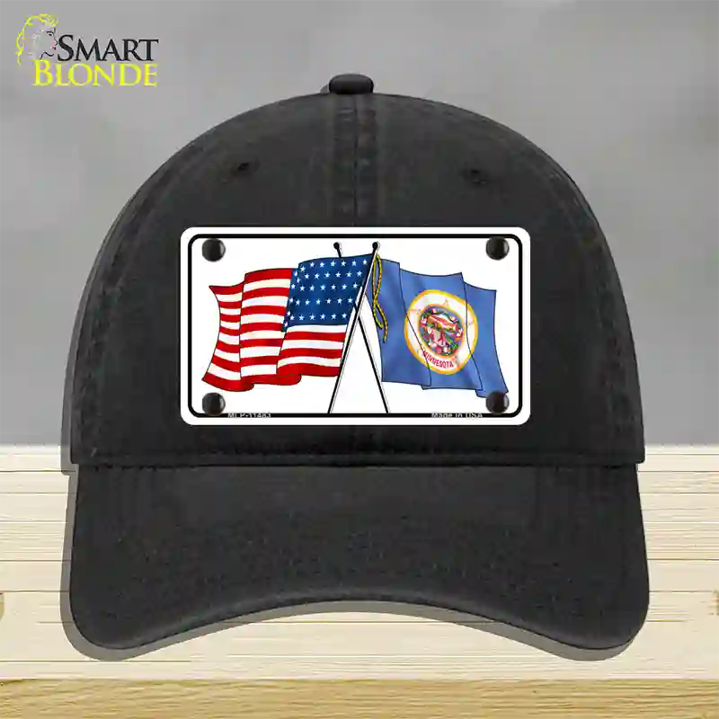 Minnesota Crossed US Flag Novelty License Plate Hat Unconstructed Cotton / Black