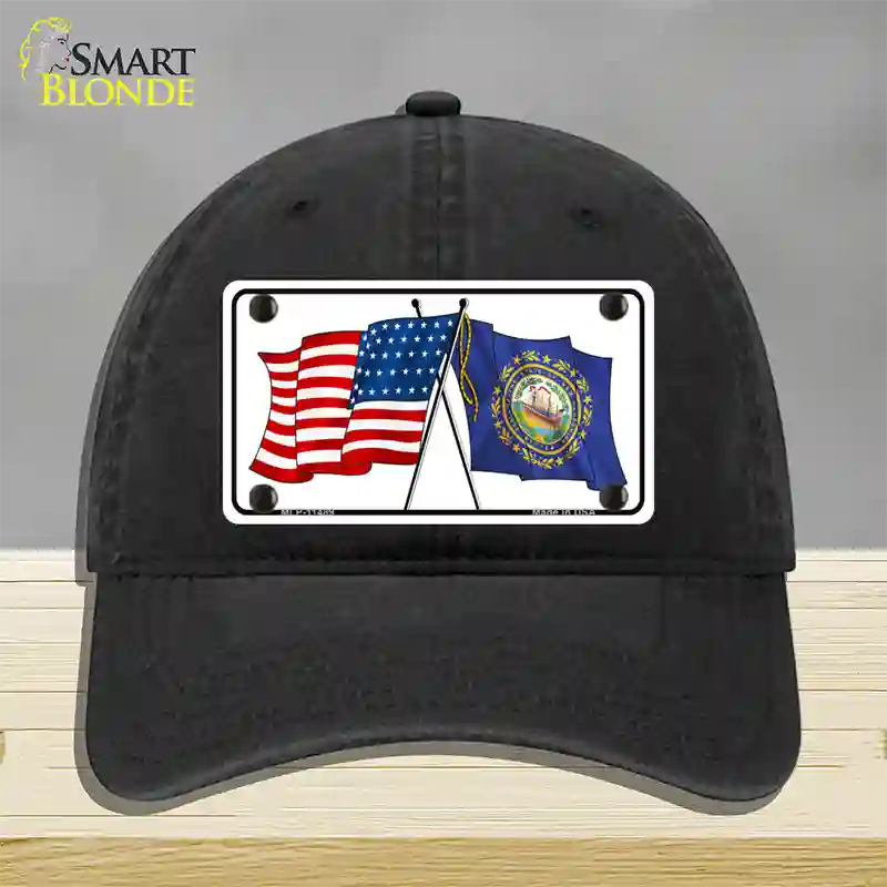 New Hampshire Crossed US Flag Novelty License Plate Hat Unconstructed Cotton / Black