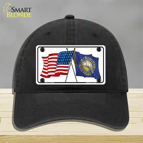 New Hampshire Crossed US Flag Novelty License Plate Hat Unconstructed Cotton / Black