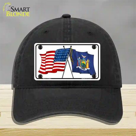 New York Crossed US Flag Novelty License Plate Hat Unconstructed Cotton / Black