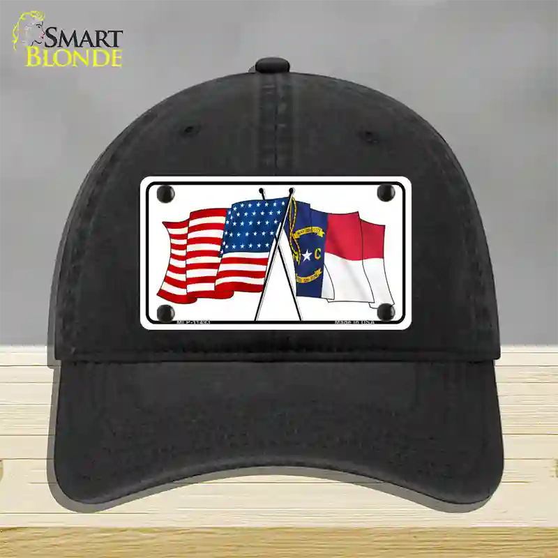 North Carolina Crossed US Flag Novelty License Plate Hat Unconstructed Cotton / Black