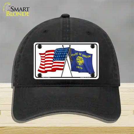 Oregon Crossed US Flag Novelty License Plate Hat Unconstructed Cotton / Black