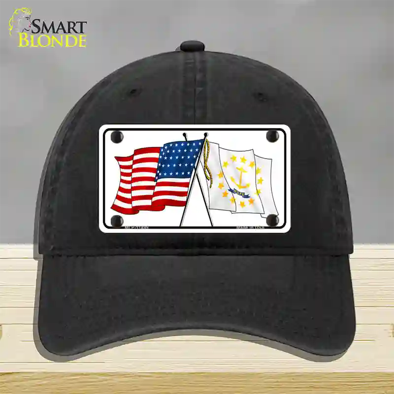 Rhode Island Crossed US Flag Novelty License Plate Hat Unconstructed Cotton / Black