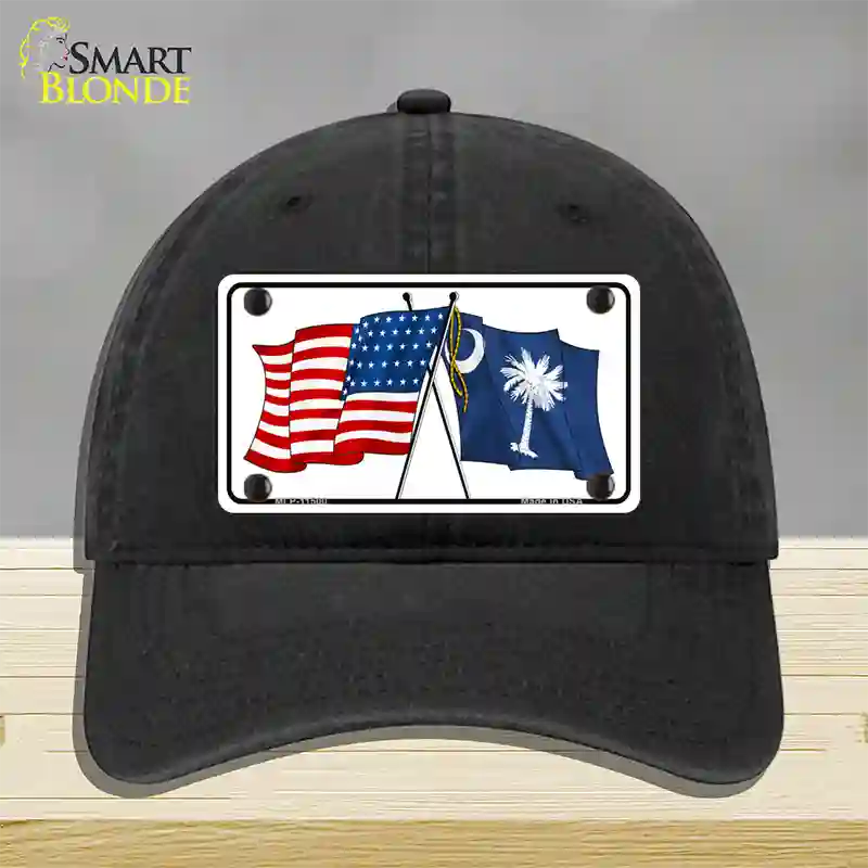 South Carolina Crossed US Flag Novelty License Plate Hat Unconstructed Cotton / Black