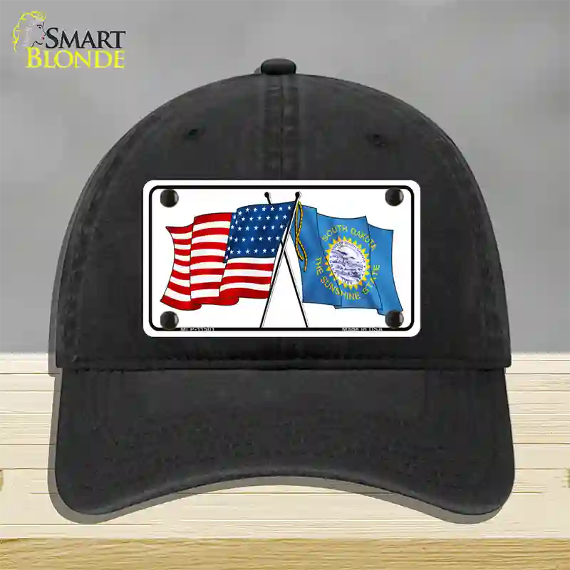 South Dakota Crossed US Flag Novelty License Plate Hat Unconstructed Cotton / Black