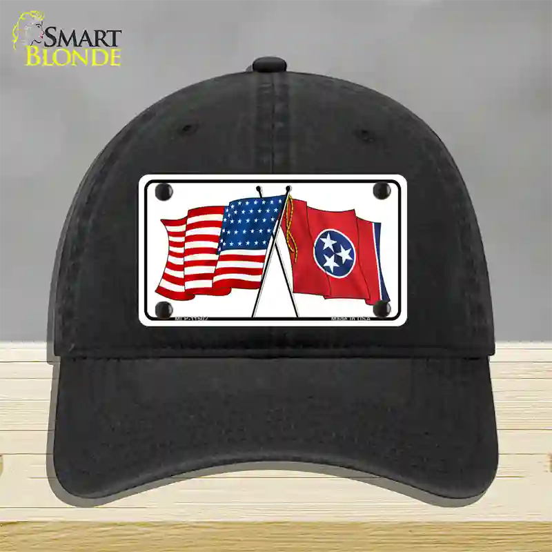 Tennessee Crossed US Flag Novelty License Plate Hat Unconstructed Cotton / Black