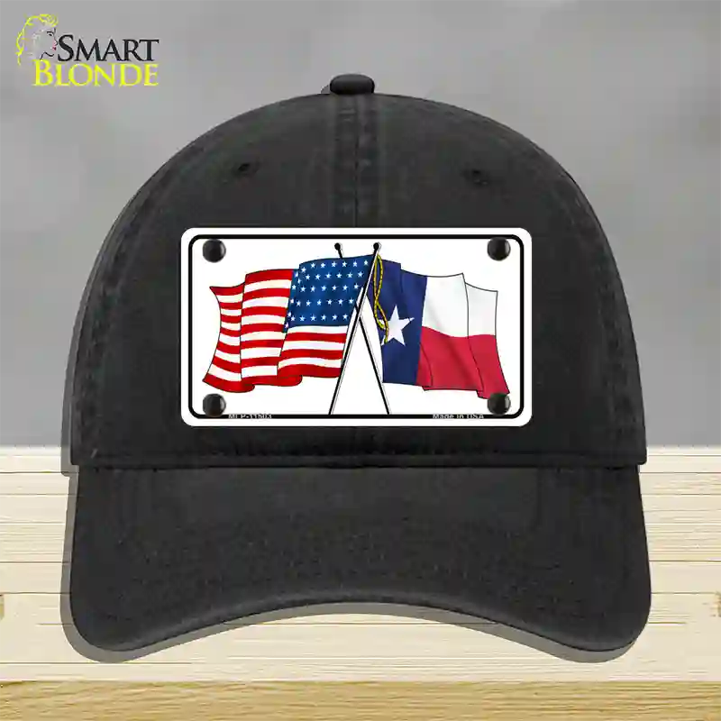 Texas Crossed US Flag Novelty License Plate Hat Unconstructed Cotton / Black