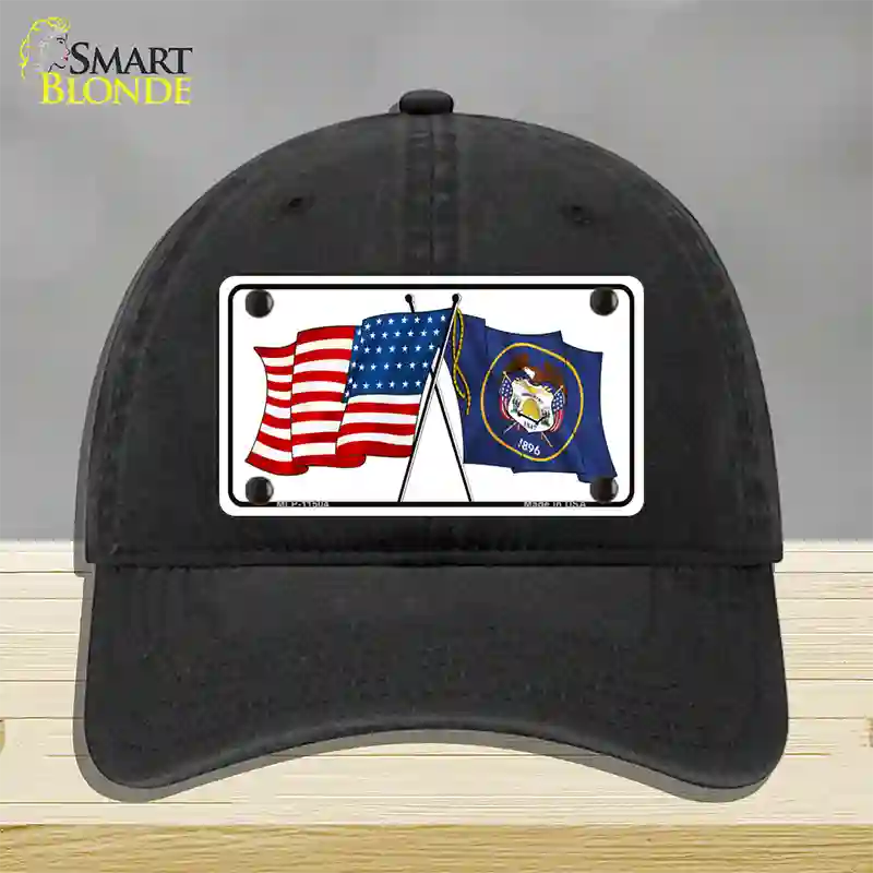 Utah Crossed US Flag Novelty License Plate Hat Unconstructed Cotton / Black