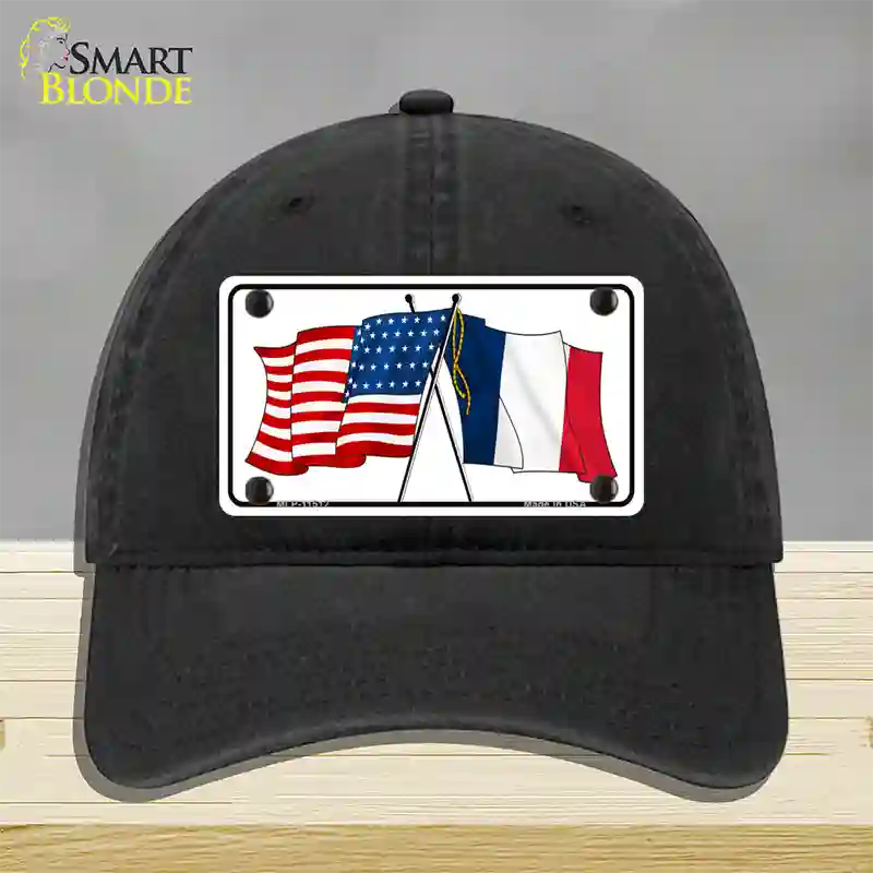 France Crossed US Flag Novelty License Plate Hat Unconstructed Cotton / Black