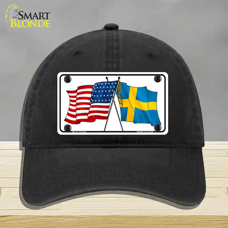 Sweden Crossed US Flag Novelty License Plate Hat Unconstructed Cotton / Black