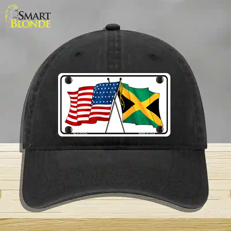 Jamaica Crossed US Flag Novelty License Plate Hat Unconstructed Cotton / Black