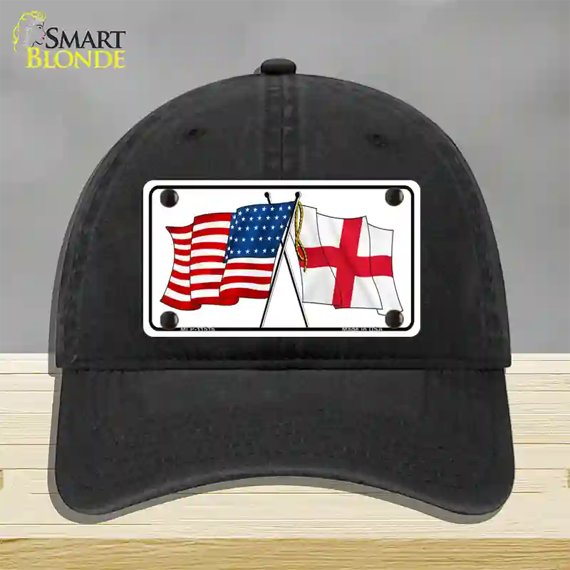 England Crossed US Flag Novelty License Plate Hat Unconstructed Cotton / Black