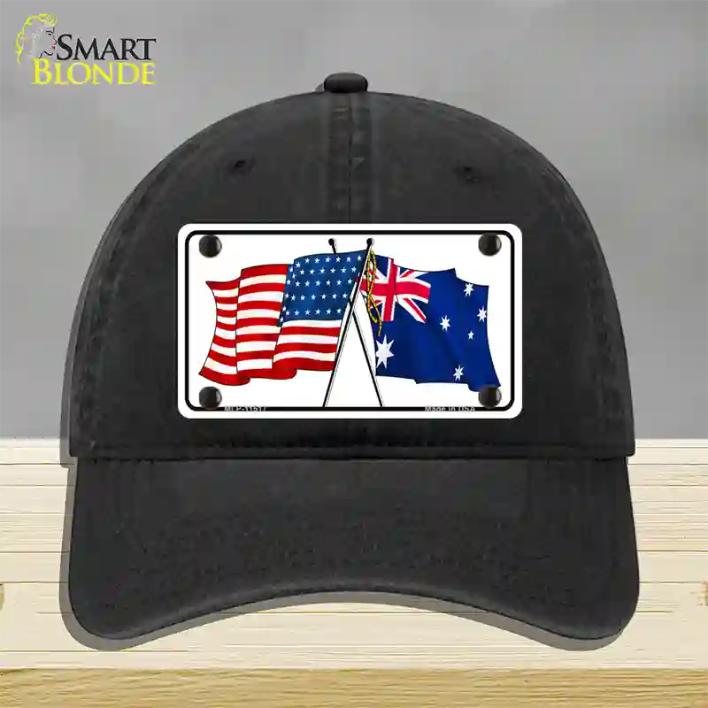 Australia Crossed US Flag Novelty License Plate Hat Unconstructed Cotton / Black