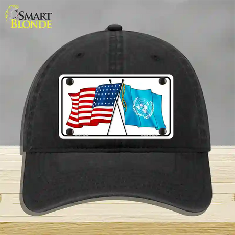 United Nation Crossed US Flag Novelty License Plate Hat Unconstructed Cotton / Black