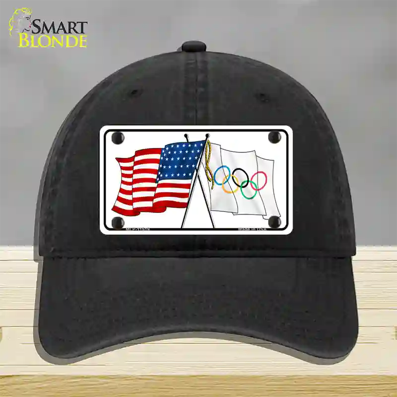 Olympic Crossed US Flag Novelty License Plate Hat Unconstructed Cotton / Black