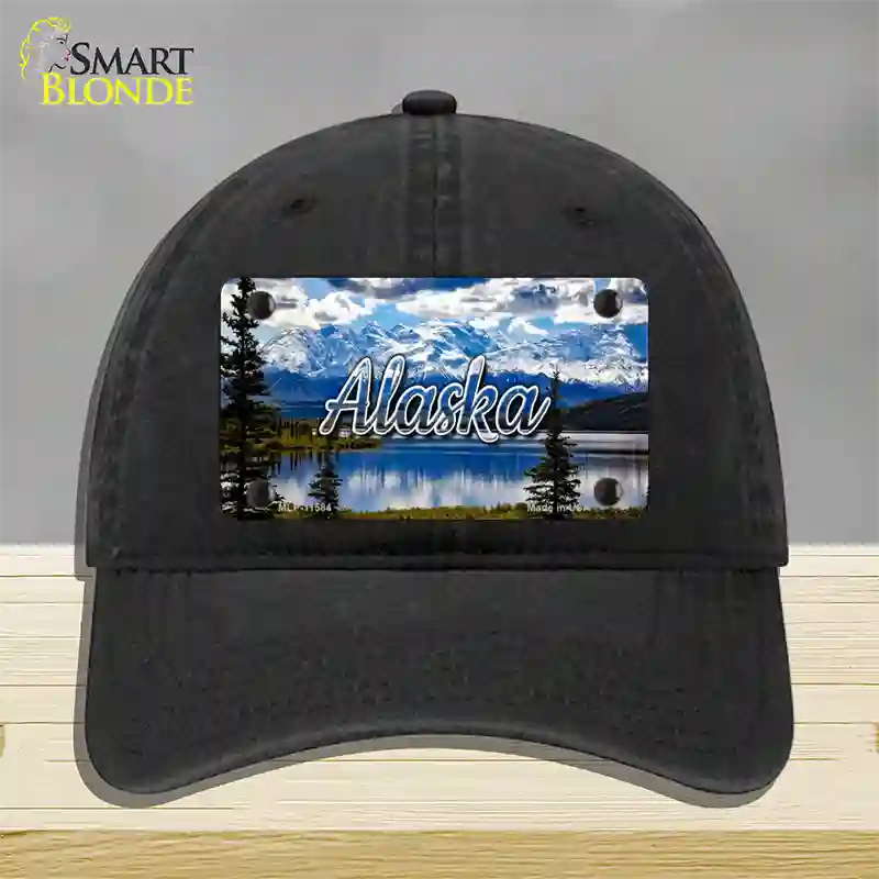 Alaska Snowy Mountains State Novelty License Plate Hat Unconstructed Cotton / Black