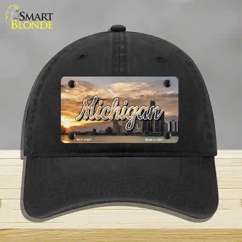 Michigan City Sunset State Novelty License Plate Hat Unconstructed Cotton / Black