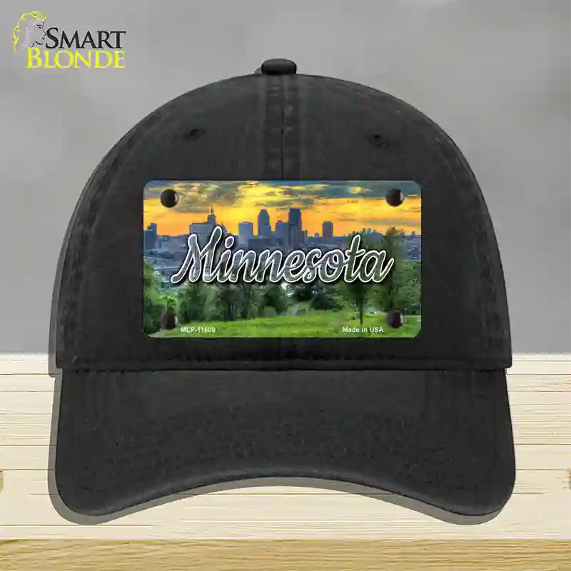 Minnesota City Skyline Sunset State Novelty License Plate Hat Unconstructed Cotton / Black