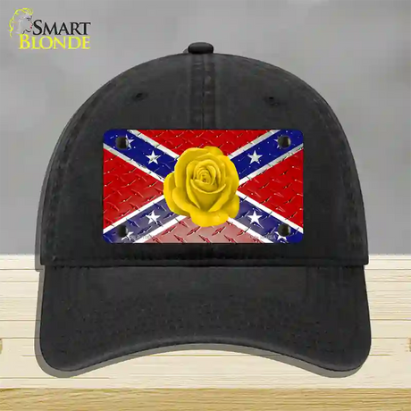 Confederate Flag With Yellow Rose Novelty License Plate Hat Unconstructed Cotton / Black