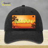 Be Happy Beach Scene Novelty License Plate Hat Unconstructed Cotton / Black