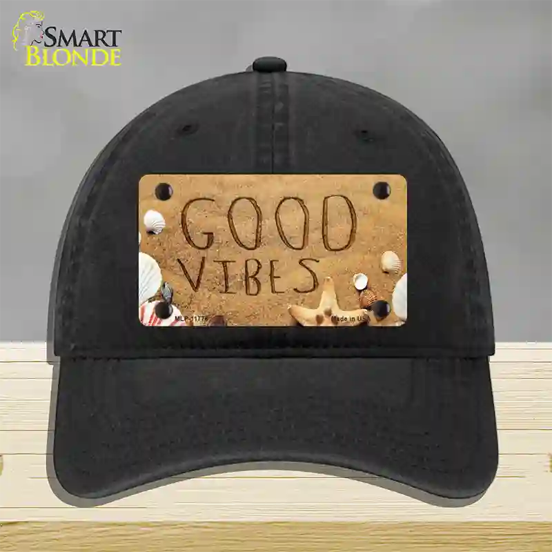 Good Vibes in the Sand Novelty License Plate Hat Unconstructed Cotton / Black