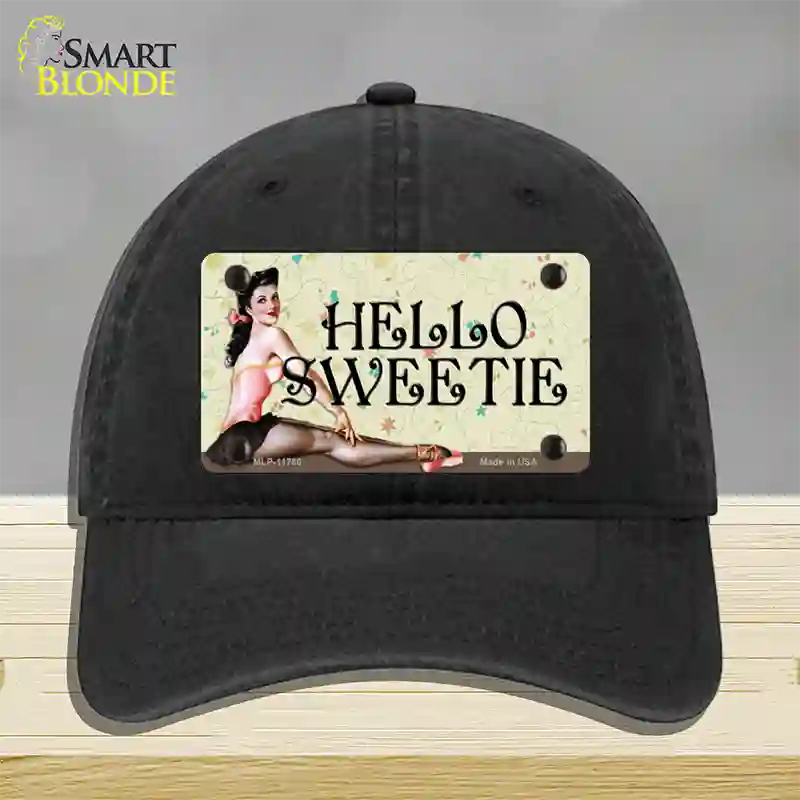 Hello Sweetie Vintage Pinup Novelty License Plate Hat Unconstructed Cotton / Black