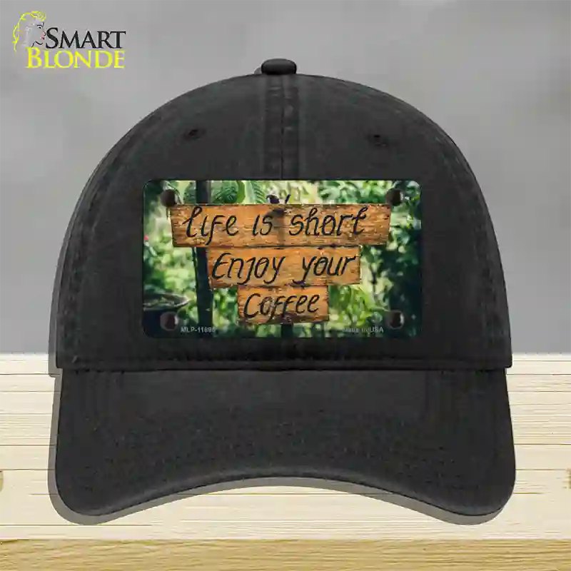 Enjoy Your Coffee Novelty License Plate Hat Unconstructed Cotton / Black