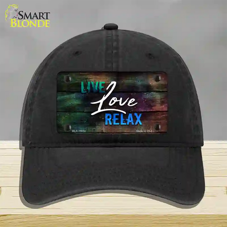 Live Love Relax Novelty License Plate Hat Unconstructed Cotton / Black