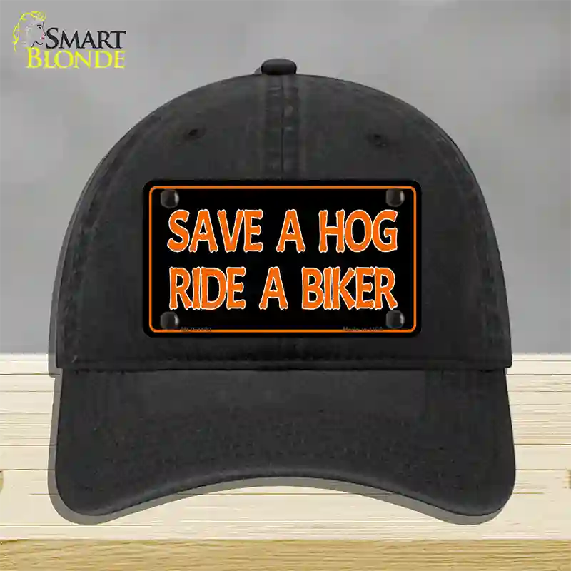 Save A Hog Ride A Biker Novelty License Plate Hat Unconstructed Cotton / Black