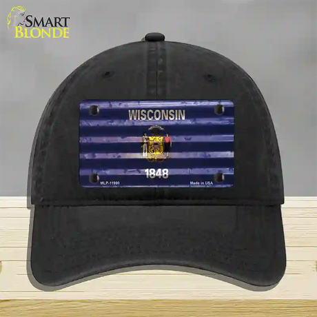 Wisconsin Corrugated Flag Novelty License Plate Hat Unconstructed Cotton / Black