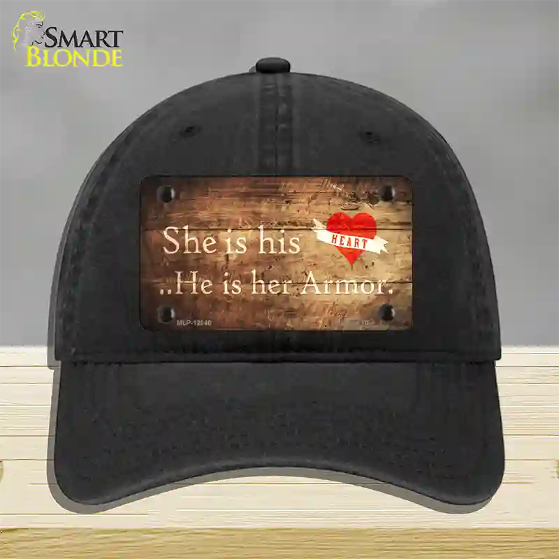 His Heart Her Armor Novelty License Plate Hat Unconstructed Cotton / Black