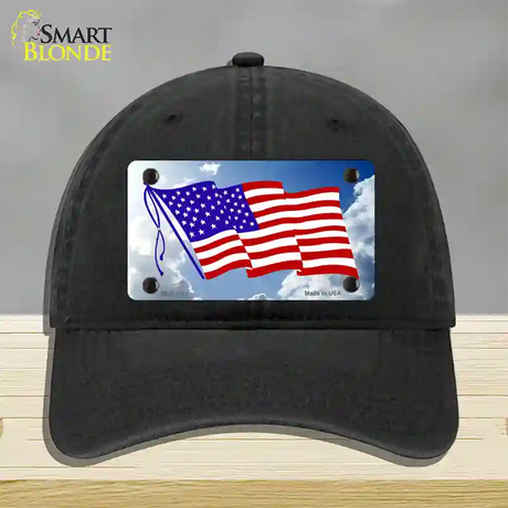 American Flag Cloud Novelty License Plate Hat Unconstructed Cotton / Black