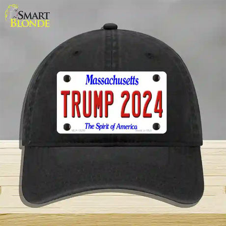 Trump 2024 Massachusetts Novelty License Plate Hat Unconstructed Cotton / Black