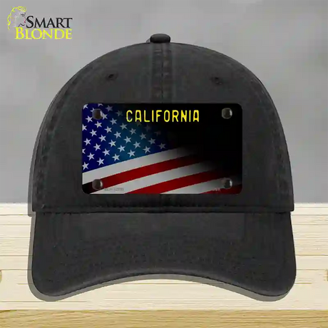 California with American Flag Novelty License Plate Hat Unconstructed Cotton / Black