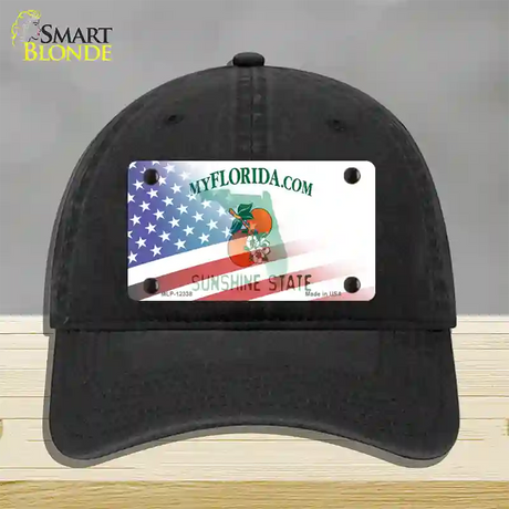 Florida with American Flag Novelty License Plate Hat Unconstructed Cotton / Black