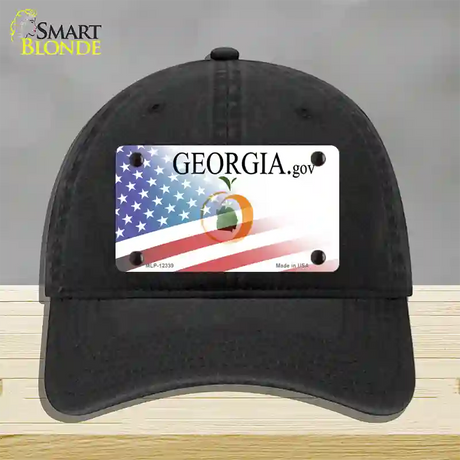 Georgia with American Flag Novelty License Plate Hat Unconstructed Cotton / Black