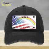 Hawaii with American Flag Novelty License Plate Hat Unconstructed Cotton / Black