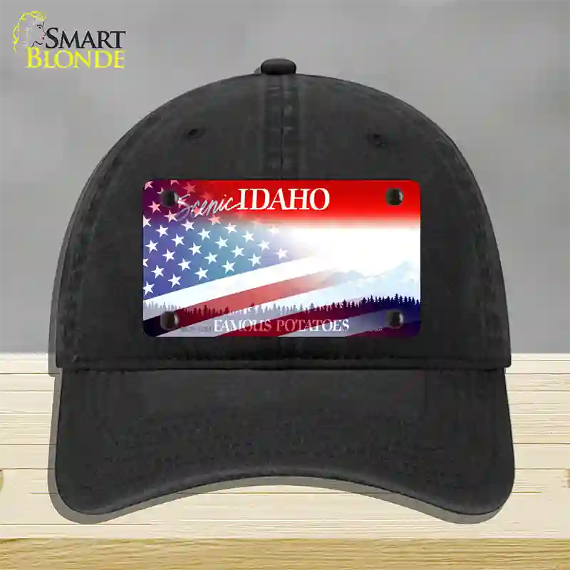 Idaho with American Flag Novelty License Plate Hat Unconstructed Cotton / Black