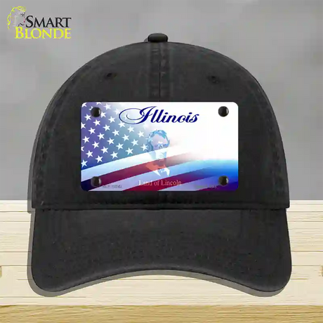 Illinois with American Flag Novelty License Plate Hat Unconstructed Cotton / Black