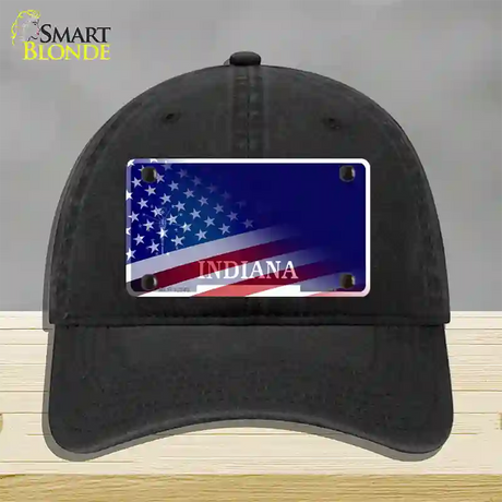 Indiana with American Flag Novelty License Plate Hat Unconstructed Cotton / Black