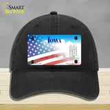 Iowa with American Flag Novelty License Plate Hat Unconstructed Cotton / Black