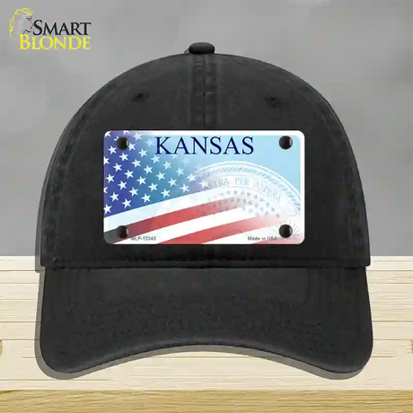 Kansas with American Flag Novelty License Plate Hat Unconstructed Cotton / Black