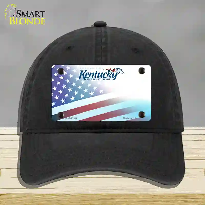 Kentucky with American Flag Novelty License Plate Hat Unconstructed Cotton / Black