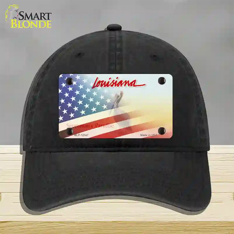 Louisiana with American Flag Novelty License Plate Hat Unconstructed Cotton / Black