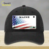 Maine with American Flag Novelty License Plate Hat Unconstructed Cotton / Black