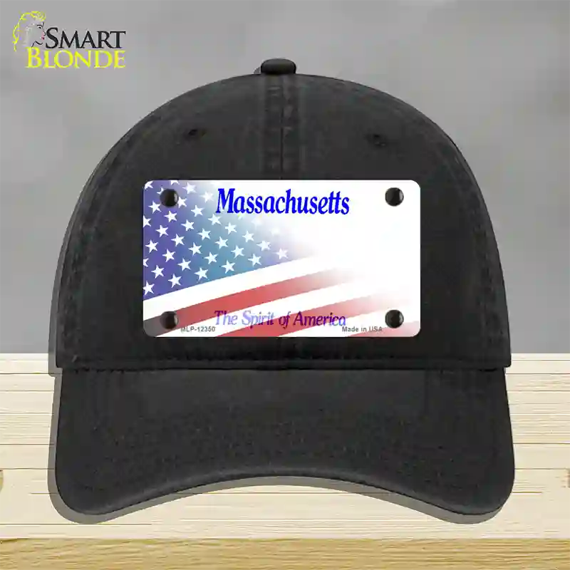 Massachusetts with American Flag Novelty License Plate Hat Unconstructed Cotton / Black