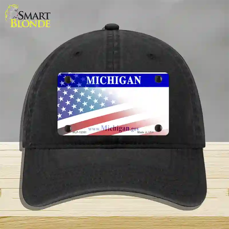 Michigan with American Flag Novelty License Plate Hat Unconstructed Cotton / Black